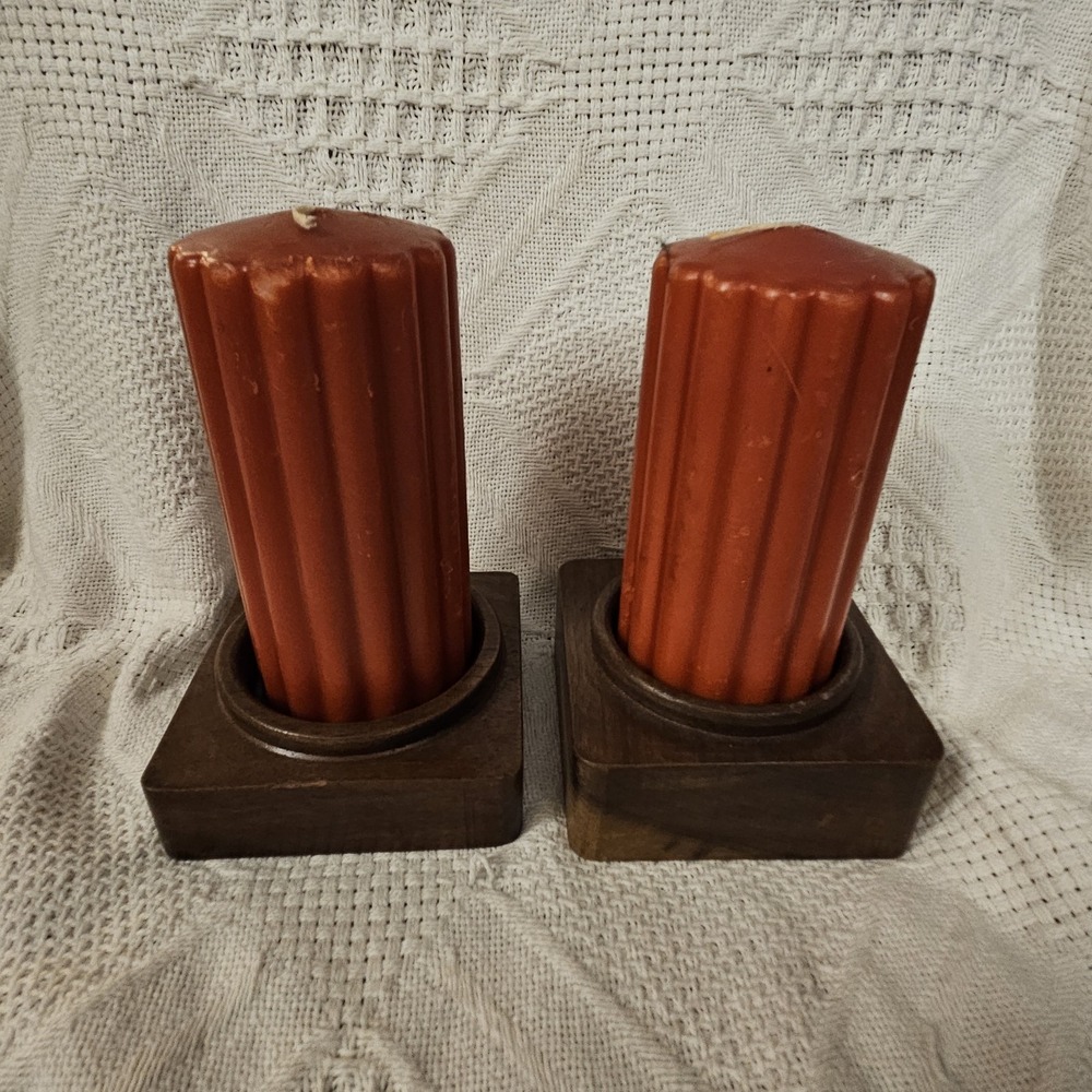 Pair Of Vintage Handmade Brown Wooden Pillar Candle Holders Set Of 2 MCM
